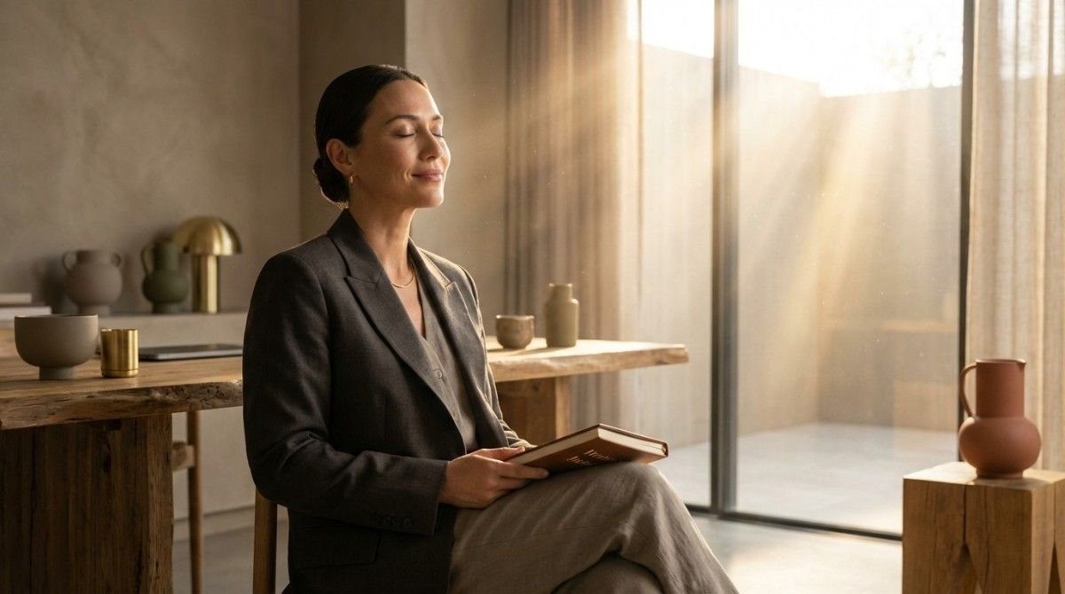 A person practicing financial gratitude to stabilize their wealth identity and regulate their subconscious baseline.