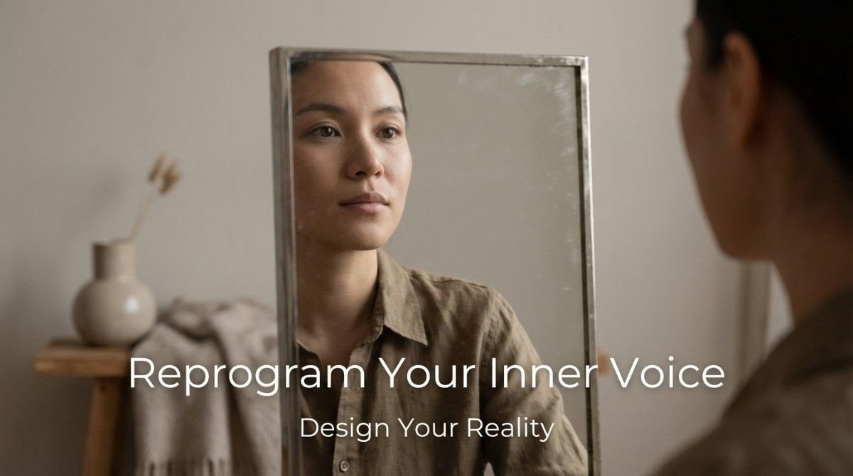 Person reflecting in mirror during inner dialogue reprogramming exercise