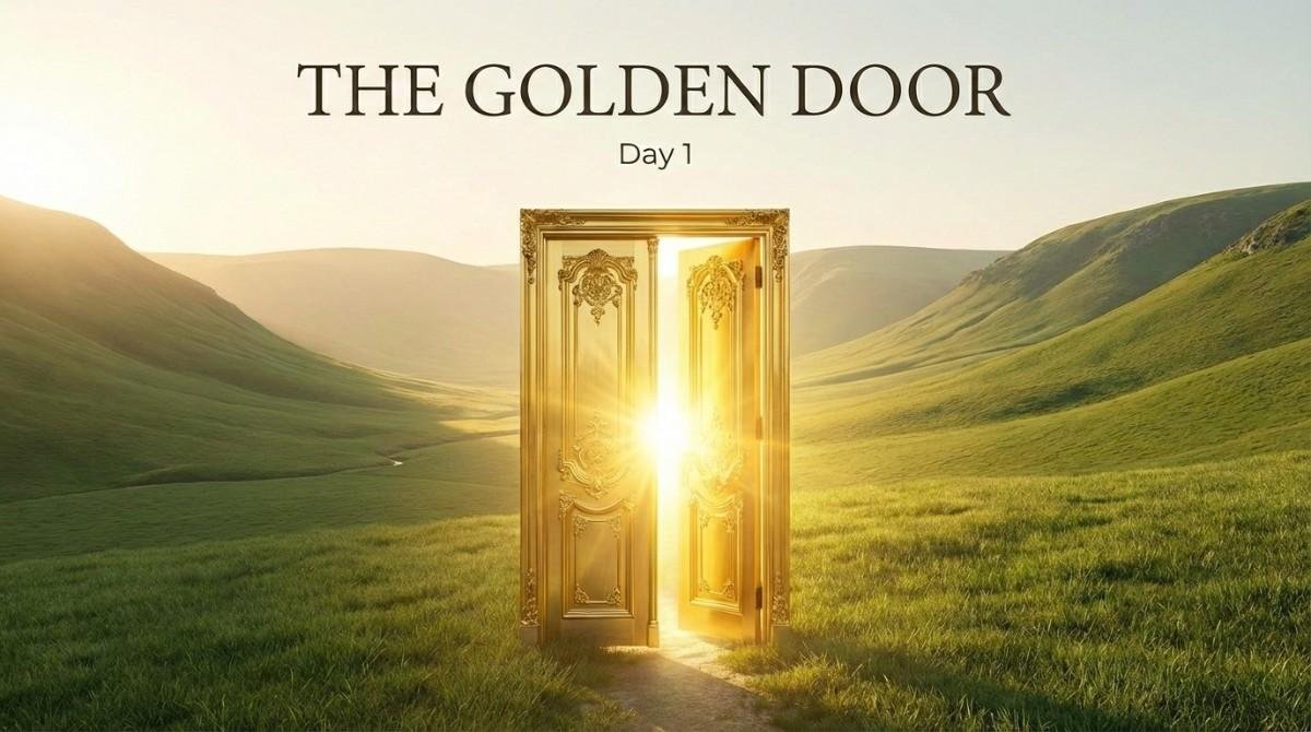 wooden door opening into calm light representing financial identity shift