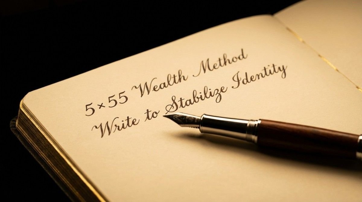 A person engaged in the 5x55 wealth writing practice, using a fountain pen to anchor their financial identity.