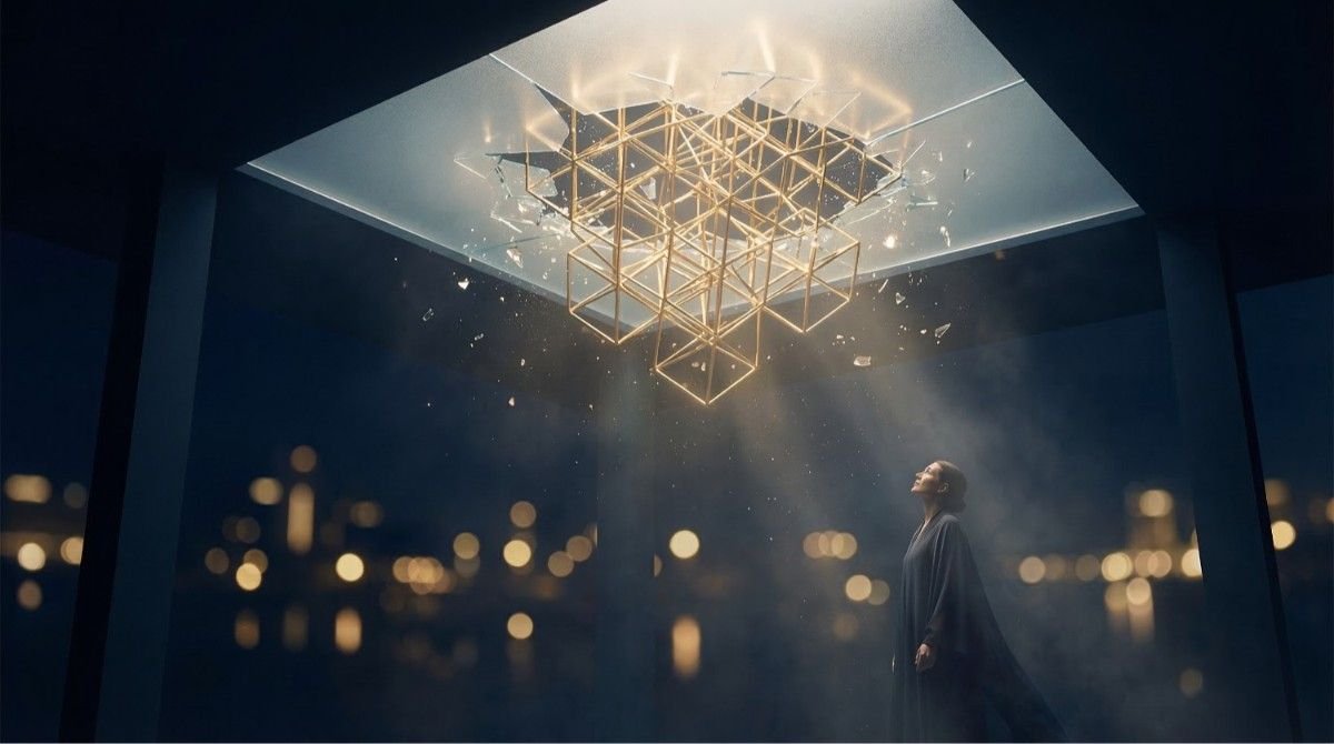 A glowing golden geometric grid breaking through a subtle glass ceiling representing an optimized vibrational baseline for financial abundance