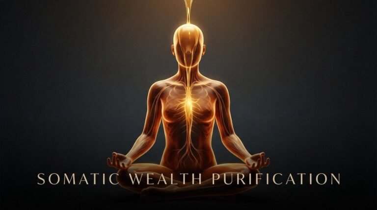 A human figure illuminated by golden light representing grounding wealth purification and the subconscious baseline aligning with absolute financial security.
