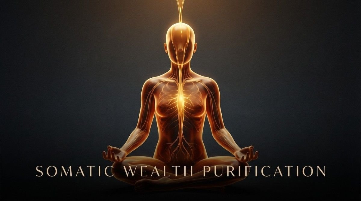 A human figure illuminated by golden light representing grounding wealth purification and the subconscious baseline aligning with absolute financial security.