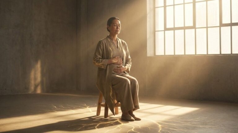 A person performing an ancestral energy clearing meditation to regulate their subconscious baseline and release inherited limiting beliefs.