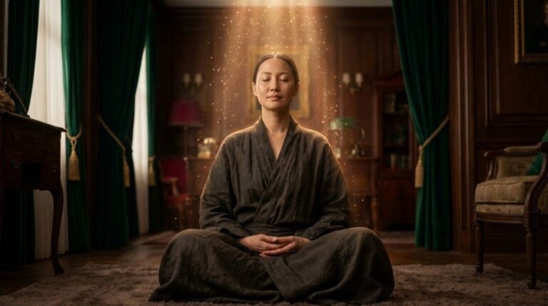 A person engaged in a grounding ritual to expand their subconscious baseline capacity to receive unexpected wealth.