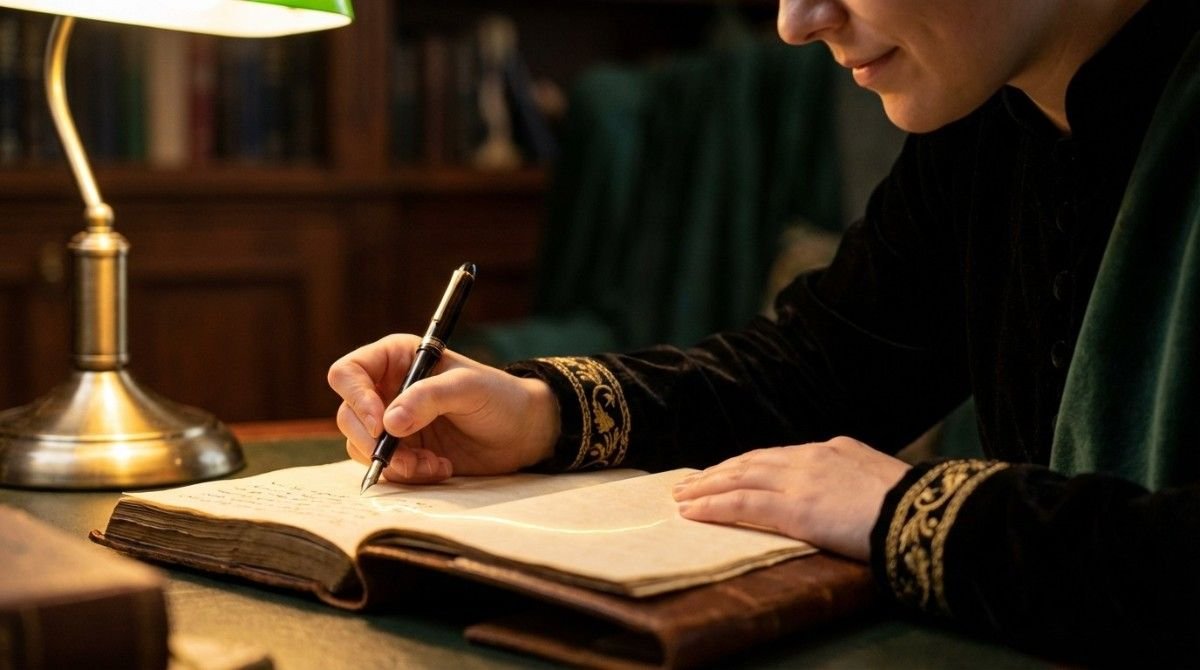 A sovereign individual performing the 777 writing ritual in a state of deep grounding calm.