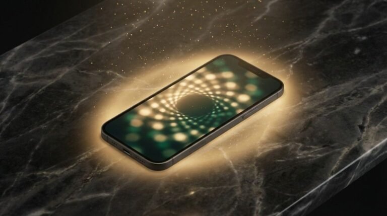 A sleek smartphone glowing with golden energy on a dark marble surface, representing the practice of Digital Feng Shui for wealth manifestation and subconscious baseline regulation.