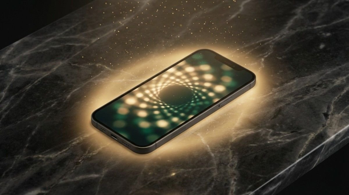 A sleek smartphone glowing with golden energy on a dark marble surface, representing the practice of Digital Feng Shui for wealth manifestation and subconscious baseline regulation.