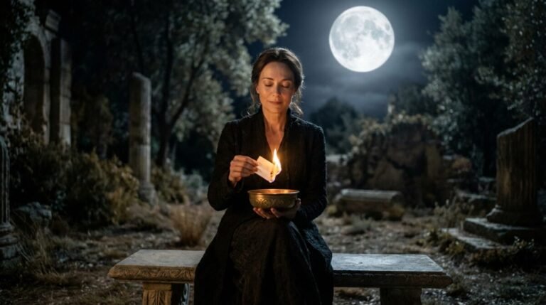A woman performing a full moon release practice by safely burning a piece of paper under moonlight to regulate her subconscious baseline.