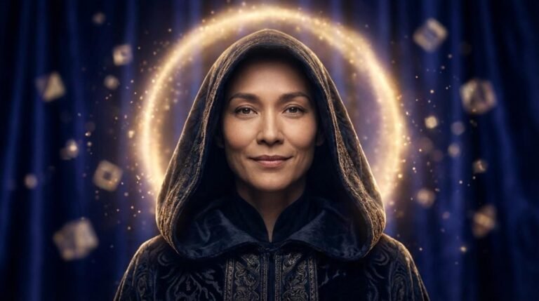 A serene and confident person glowing with golden quantum energy representing the neurological and grounding practice of delusional confidence for manifestation.