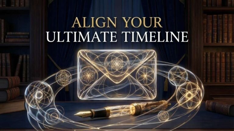 A hyper realistic visualization of an open envelope and antique pen glowing with golden energy pathways representing the future letter ritual and subconscious alignment.