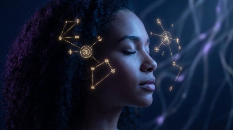 A serene face surrounded by glowing geometric light patterns, representing the process of passive manifestation and subconscious programming during sleep.