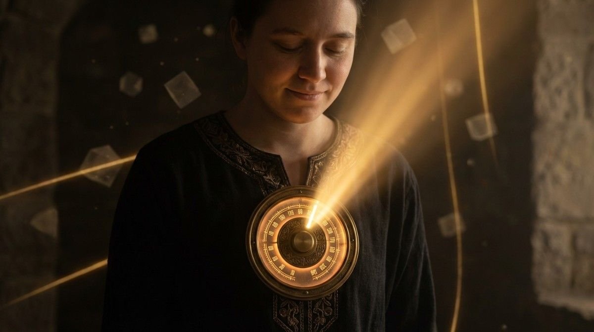 A serene person with a glowing golden radio dial in their chest, symbolizing the shift in energetic frequency to manifest a specific person through grounding regulation.