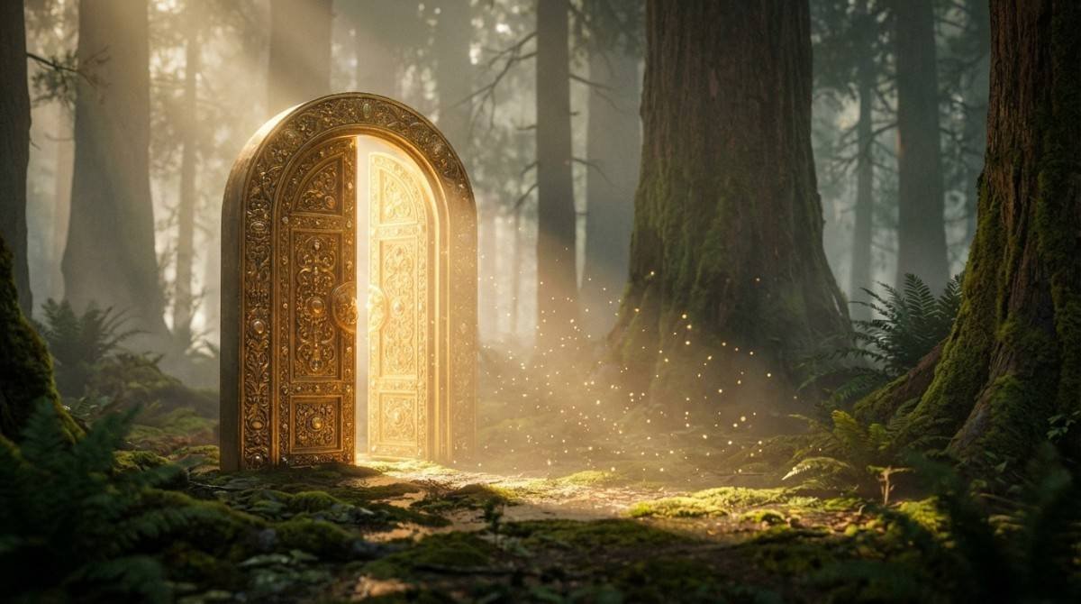 A mystical golden doorway glowing in a serene forest, symbolizing the clearing of financial blockages and the entrance to quantum wealth.