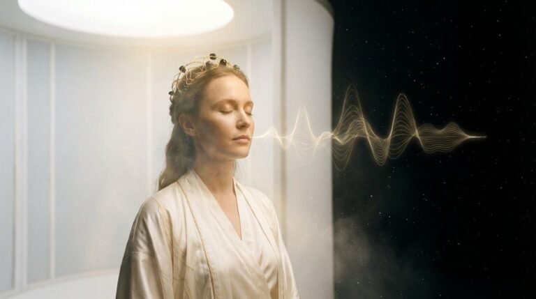 A woman utilizing the Whisper Method to transmit a telepathic intention across the quantum field.