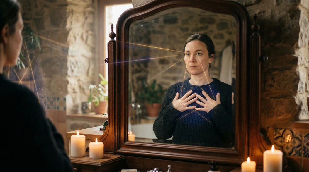 A woman practicing the Grounding Mirror Protocol, utilizing direct optic lock and physical grounding for advanced subconscious transformation and nervous system regulation.