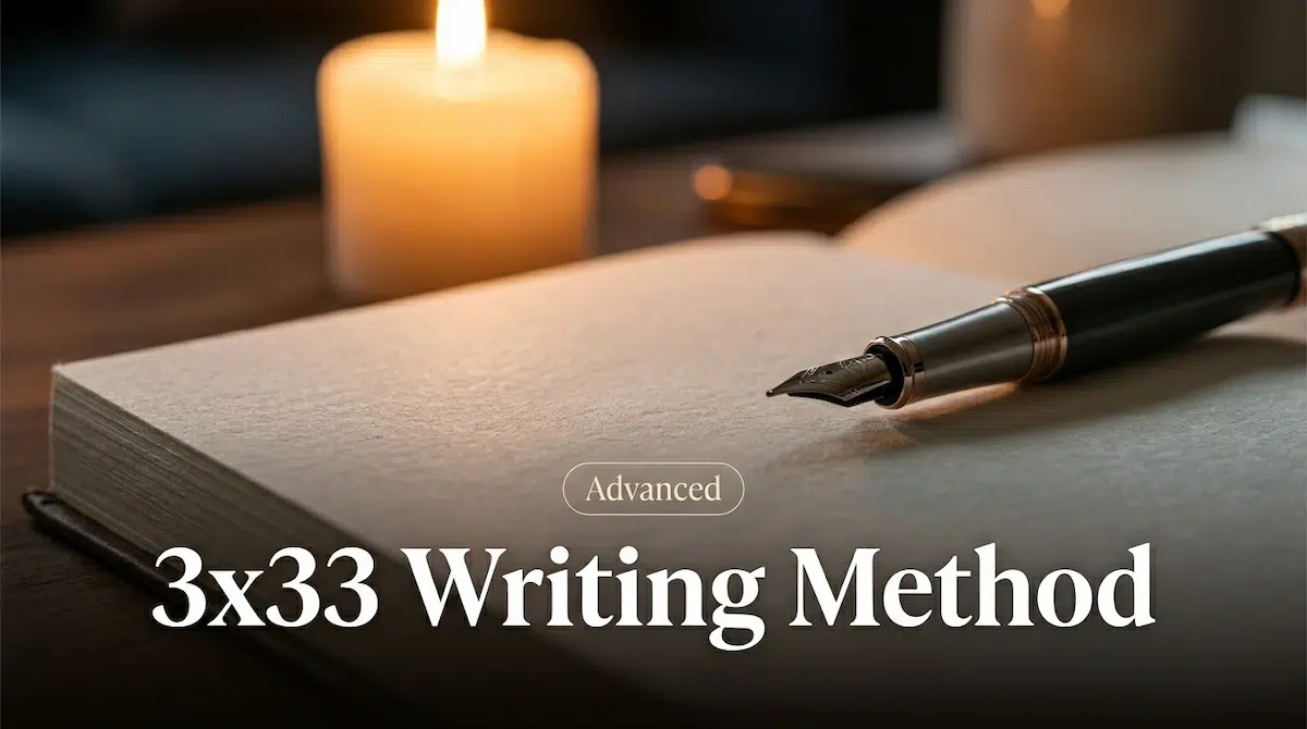 A cinematic close-up of a premium pen and textured journal illuminated by warm candlelight, representing the advanced 3x33 writing method.